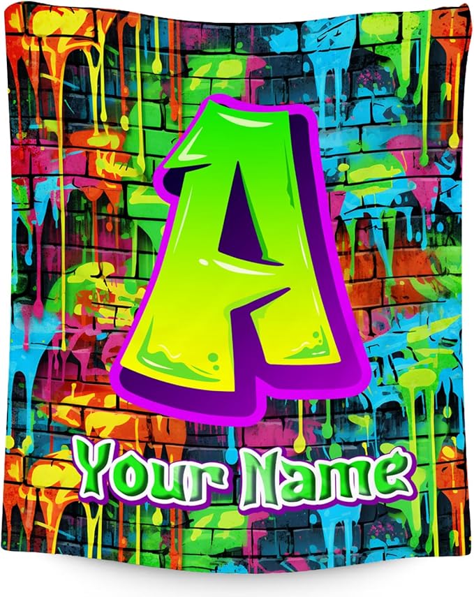 Custom Boys Blanket - Personalized Kids Blanket with Name - Graffiti Initial Gifts - 50"x60" Cozy Fleece Toddler Throws for Bed - Customized Gifts for Room Decor