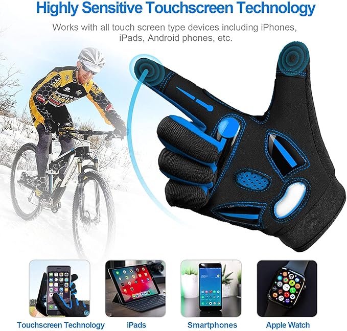 BIKINGMOREOK Bike Cycling Gloves for Men Women,Touchscreen Full Finger Shock-Absorbing 5MM Gel Pads MTB Road Bicycle Gloves for Mountain Biking,Running,Hiking,Outdoor Sports