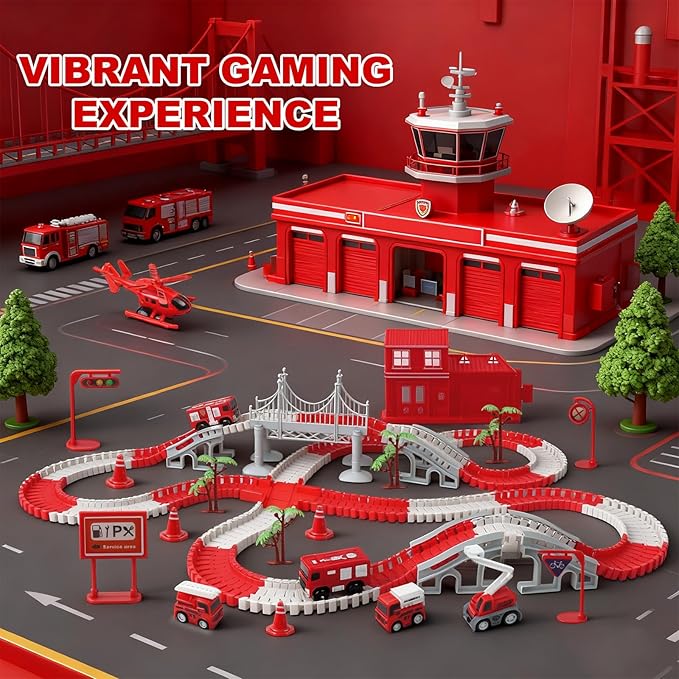 Race Car Track Set for Kids - Flexible Educational DIY Track Toy, Best Birthday Gift for Boys Ages 3 4 5 6 7, 330+ PCS with Fire Trucks and Helicopter