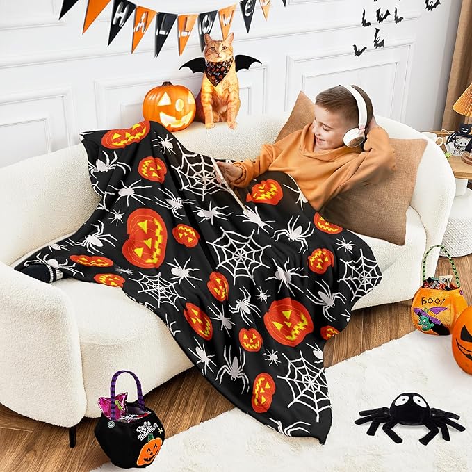 Wajade Spider Web Throw Blanket Halloween Black Blanket, Halloween Spider Web Pumpkin Velvet Fleece for Sofa Bed Couch Chair Dorm 50" x 60"