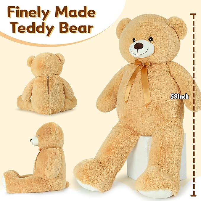 Tezituor 59" Gaint Teddy Bear Stuffed Animal,5ft Life Size Big Teddy Bears,Light Brown Cute Soft Plush Toy,Gifts for Kids Girls Boys Girlfriend Valentine,Christmas,Birthday,Baby Shower,Wedding Party