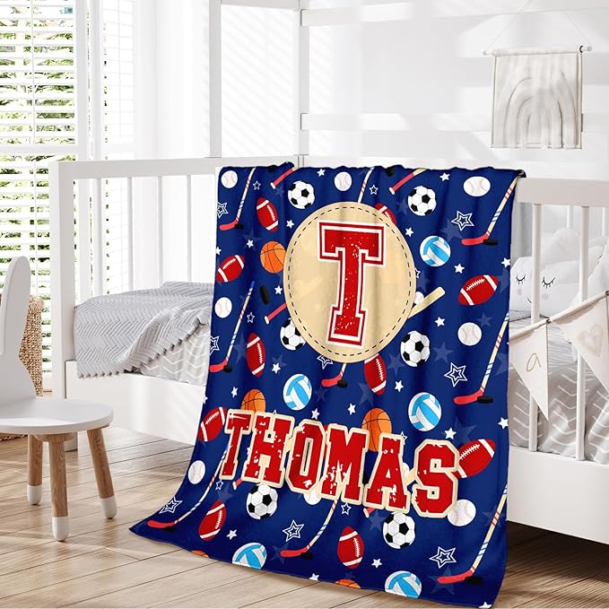Sport Blanket Gifts for Kids Toddler Teens Sports Lovers, Personalized Throw Blanket with Name Initial Letter for Boys, Custom Soft Fuzzy Blankets for Bed Couch Sofa Decor