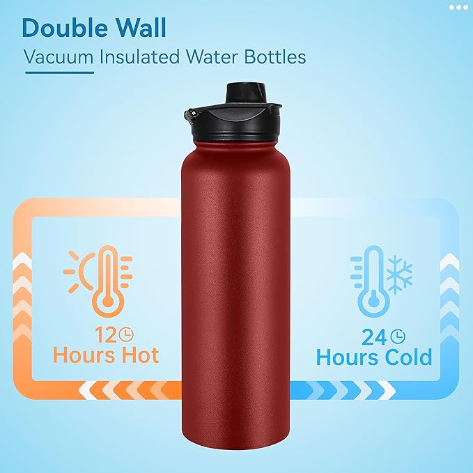VEGOND 40 oz Insulated Water Bottle Stainless Steel Metal Water Bottles with Leak Proof Straw Lid & Spout Lid, Wide Mouth Double Walled Vacuum Travel Sports Bottle, Red