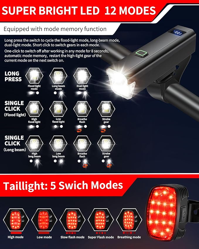 DARKBEAM 6000LM Bike Headlight USB-C Rechargeable, High Lumen Super Bright Bike Light Set for Night Riding, 12+5 Modes Waterproof Bicycle Lights for Road, Mountain, Cycling