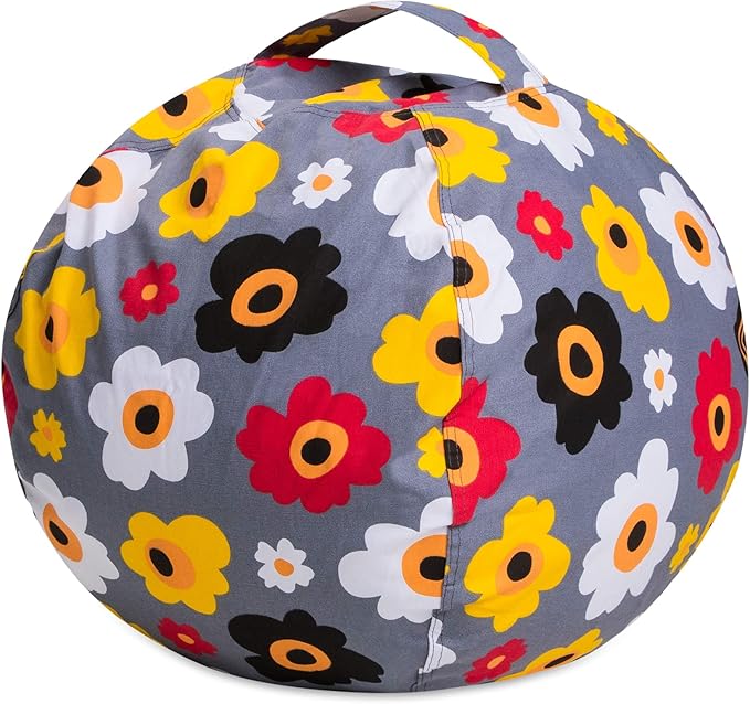 Posh Stuffable Kids Stuffed Animal Storage Bean Bag Chair Cover - Childrens Toy Organizer, Medium 27" - Canvas Multicolored Flowers on Gray