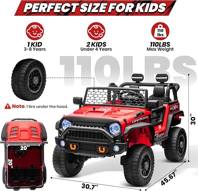 24V XL 2 Seater Ride On Toys Car for Big Kids, 4WD/2WD Switchable Electric Truck w/20'' Wide Seat, Remote Control, 4-Wheeler Suspension, Xmas & Birthday Gift Ideas for Kid Boys Girls, Red