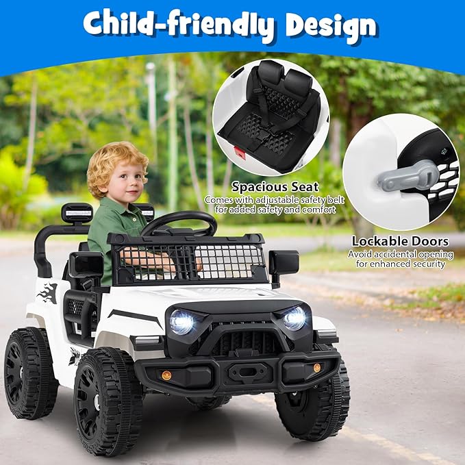 Costzon Kids Ride on Car Truck, 12V Electric Vehicle w/Foldable Mirrors, 3 Speeds, LED Lights, Music & Horn, Ride on Toys Remote Control Car for Toddlers, Boys & Girls (White,34" × 23" × 21")