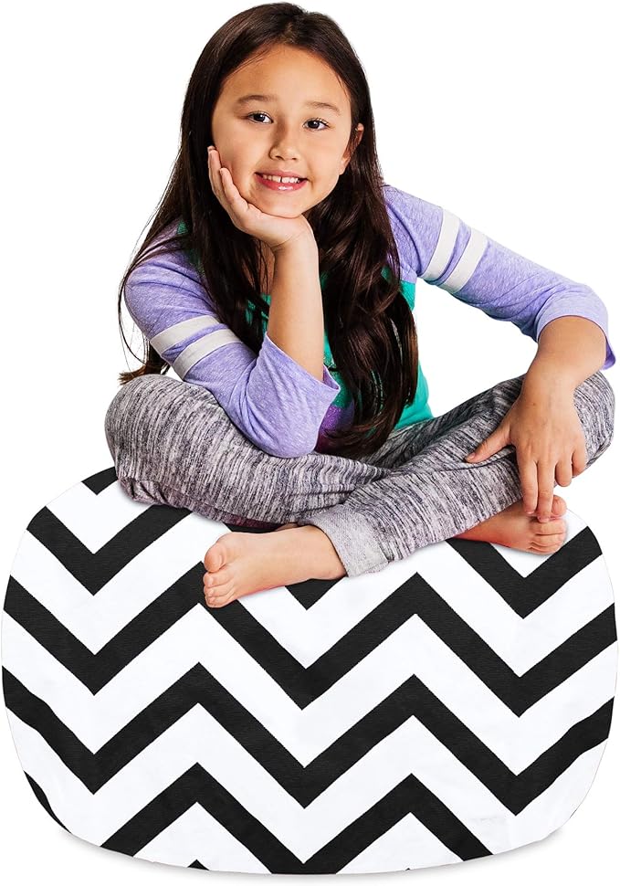 Posh Creations Kids Stuffed Animal Storage Bean Bag Chair Cover - Childrens Toy Organizer, Medium-27in, Canvas Chevron Black and White