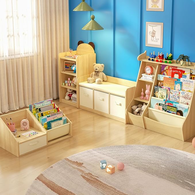 FKWin Kids Bookshelf with Seat - Forward-Facing Book Shelf for Kids Rooms,Nursery Bookcase with 5-Tier Montessori Shelf,Wooden