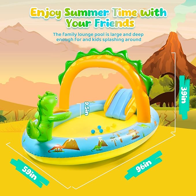 SULIFEEL Dinosaurs Inflatable Play Center Kiddie Pool with Slide and Sprinkler for Children, 96''x59''x39'' Baby Pool for Backyard and Garden, Free Inflatable Pump