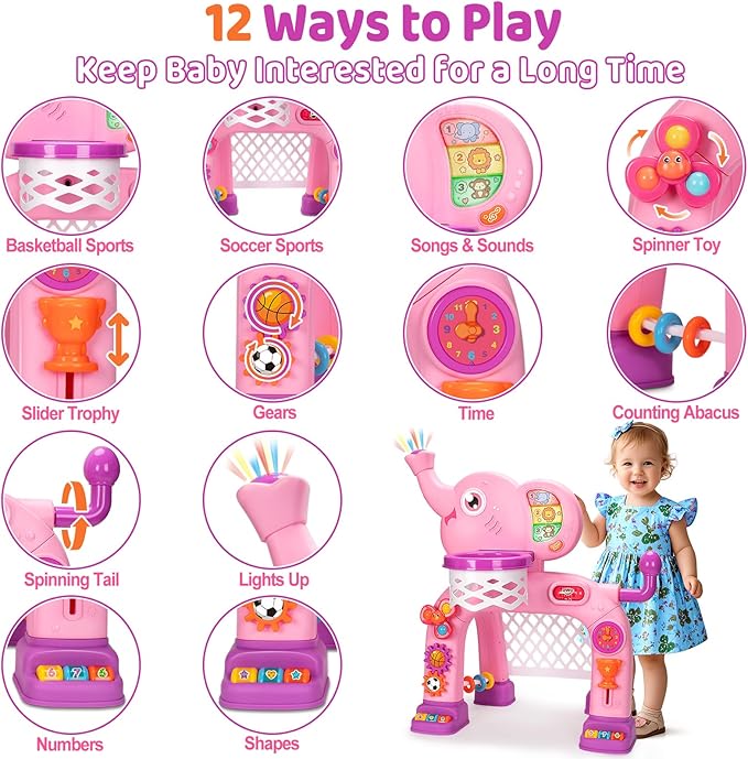 Toddler Basketball Hoop & Soccer Goal Sports Toys for 1 2 3 Years Old Girls Boys, Montessori Toys, Interactive Musical Toy with Lights, Christmas Birthday Gifts for Baby Kids Age 12-18 Months(Pink