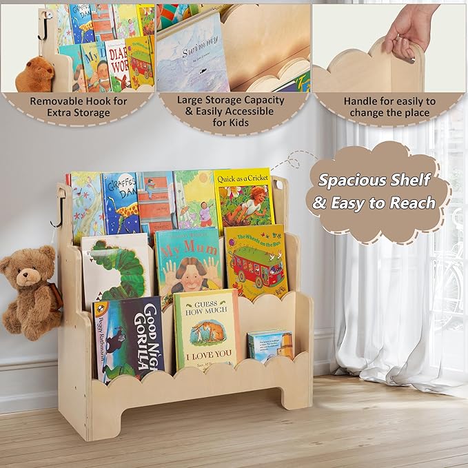 Kids Bookshelf Wooden 3-Tier, Scalloped Book Shelf for Kids Rooms, Front Facing Toddler Montessori Bookshelf, Baby Nursery Book Shelves Kids Classroom Bookshelf Bookcase
