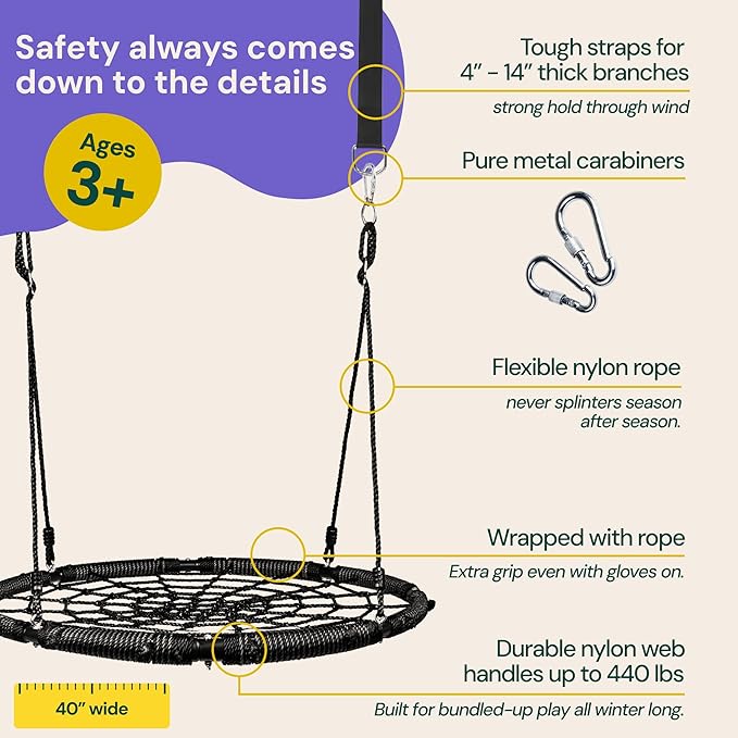 PLAYVIBE Spider Web Tree Swing - 40-Inch Black Saucer - 440 lb Capacity & 900D Oxford Waterproof Fabric - Heavy-Duty Steel Frame & Hanging Straps - Outdoor Swing Set Accessories - for Toddlers