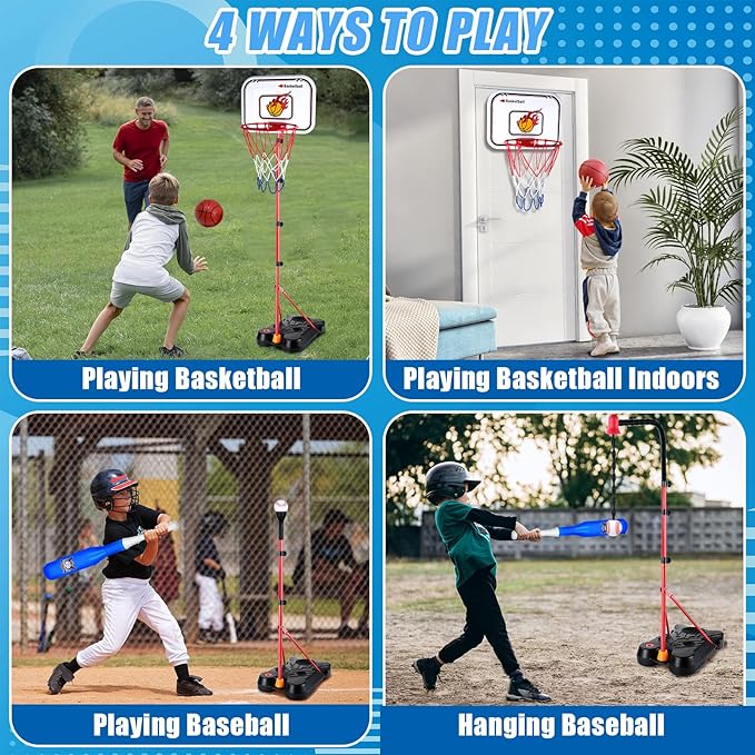 SIOTMERA 4 in 1 Kids Basketball Hoop and T Ball Set, Adjustable Height Toddler Basketball Hoop with Hanging Tee Baseball, Outdoor Indoor Toys Gifts for Boys Girls Ages 3-8