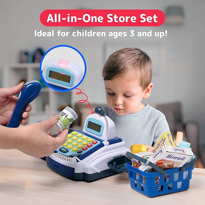 Prextex Pretend Play Electronic Toy Cash Register for Kids - Contains Play Coins, Paper Bills & Credit Card - Teaches Money and Number Calculation - Fun Toy Register for Kids - Blue