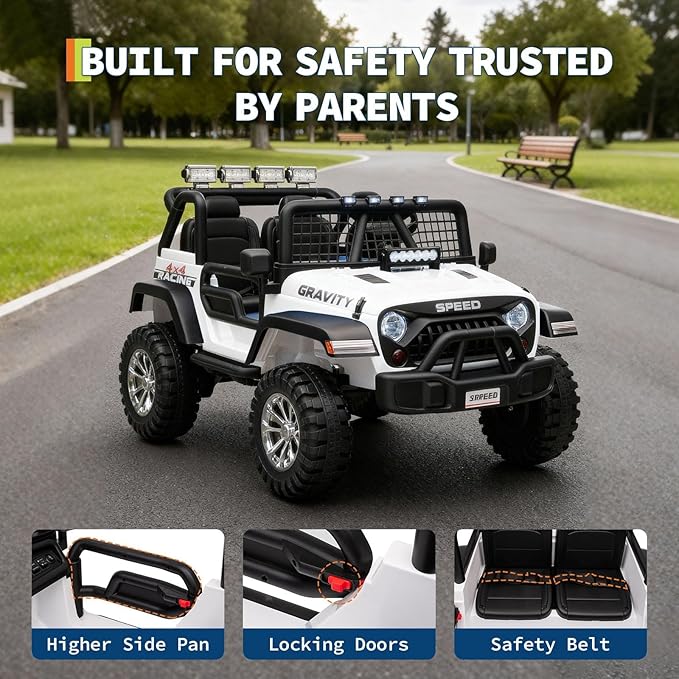 24V Ride on Car for Kids, 2 Seater Electric Truck with Parent Remote Control, Spring Suspension, 2 Speeds, LED Headlight & Music Player, Kids Electric Vehicle for Aged 3-8 Years, White