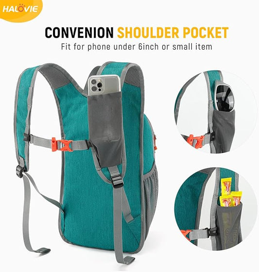 HALOVIE 15L Foldable Hiking Backpack Phone Pocket Lightweight Travel Daypack with Chest Strap Small Packable Pack for Walking Women Men (Cyan)