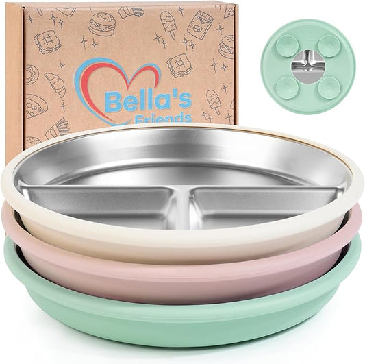 Bella’s Friends Stainless Steel Baby Plates with Suction 3 Pack, 8” Divided Toddler Plates with Removable Silicone Sleeves for Mess-Free Feeding, Non-Toxic, Non-Slip, Dishwasher Safe, beige,pink,green
