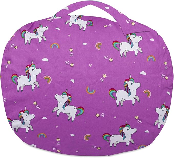 Posh Creations Kids Stuffed Animal Storage Bean Bag Chair Cover - Childrens Toy Organizer, Large-38in, Canvas Unicorn and Rainbows on Purple