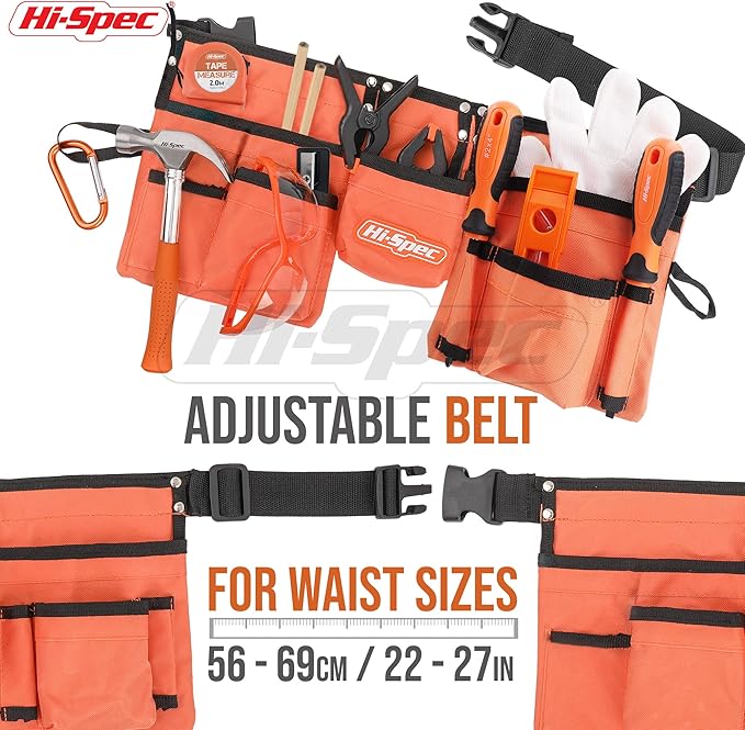 Hi-Spec 16pc Orange Kids Tool Kit Set & Child Size Tool Belt. Real Kit for DIY Building, Woodwork & Construction Learning for Kids