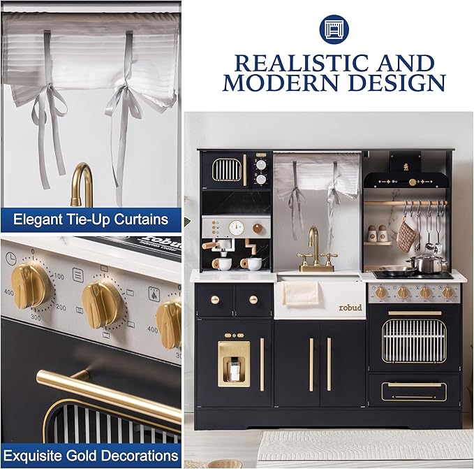 ROBUD Wooden Play Kitchen Set for Kids and Toddlers with Coffee Machine, Ice Maker, Microwave, Oven, Large Cabinet, 12 Accessories, Gift for 3+, Black