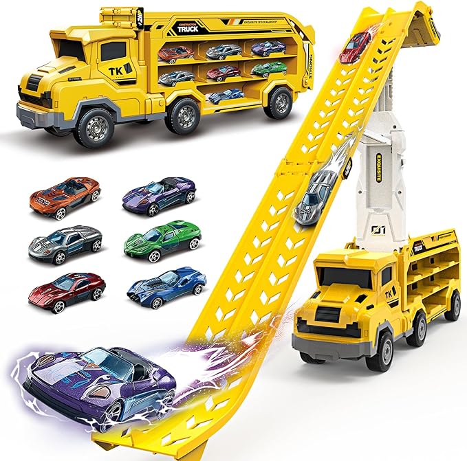 Toddler Car Truck Toys,Car Carrier Trucks for Kids Age 3-5 4-8,Foldable Car Track Sets with 2.8-Ft Race Track and 6 Die-Cast Race Cars, Truck Toys Gifts for 3 4 5 6 7 8+ Year Old Boys Girls(Yellow)