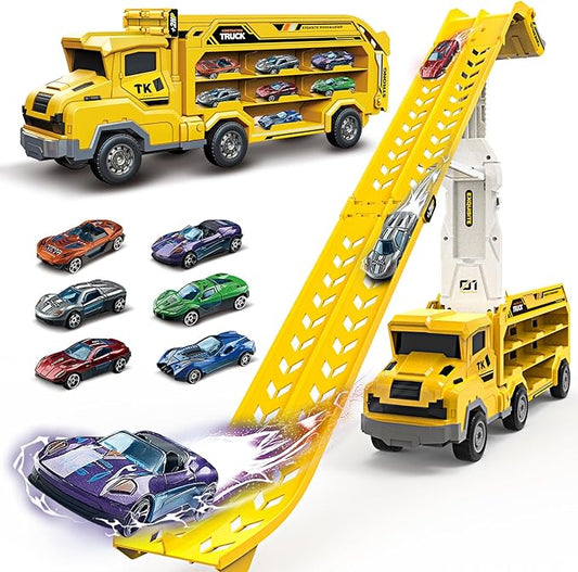 Toddler Car Truck Toys,Car Carrier Trucks for Kids Age 3-5 4-8,Foldable Car Track Sets with 2.8-Ft Race Track and 6 Die-Cast Race Cars, Truck Toys Gifts for 3 4 5 6 7 8+ Year Old Boys Girls(Yellow)