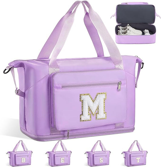Teen Girl Gifts Trendy Stuff-Initial Duffle Bag for Travel, Carry on Bag Duffel Bags, GYM Weekend Overnight Bag with Shoes Compartment,Hospital Bags for Women-Purple M