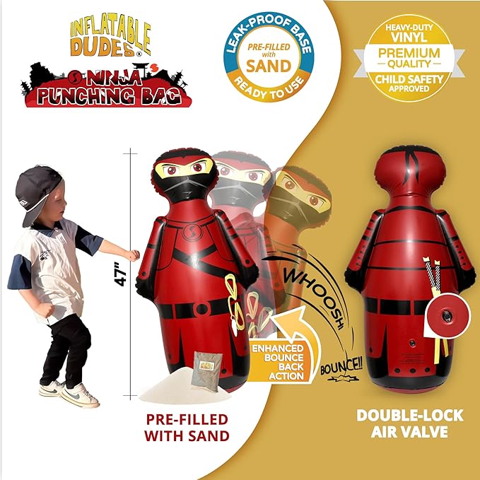 INFLATABLE DUDES Ninja Toy 47 Inches -Kids Punching Bag | Already Filled with Sand| Bop Bag | Inflatable Bopper | Boxing | Ninja Birthday Party | Party Decorations | Punching Bag for Kids- (Sam)