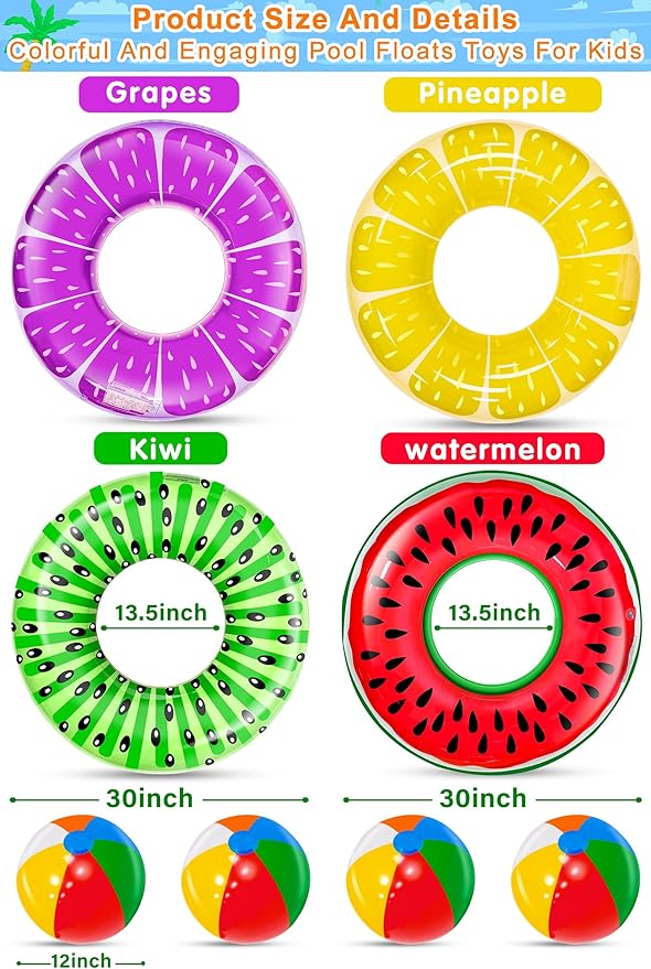 8 Pack Inflatable Pool Floats Kids, 4 Pcs Fruit Swim Tubes Rings and 4 Pcs Beach Balls, Pool Floaties Summer Hawaiian Beach Toys Swimming Luau Party Floats for Kids Adults Water Fun