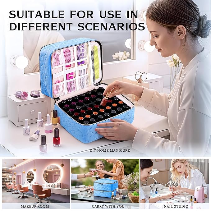 DreamGenius Nail Polish Organizer Case Holds 42 Bottles, Portable Double-Layer Nail Polish Storage Bag with Adjustable Dividers for Manicure Tools, Light Blue