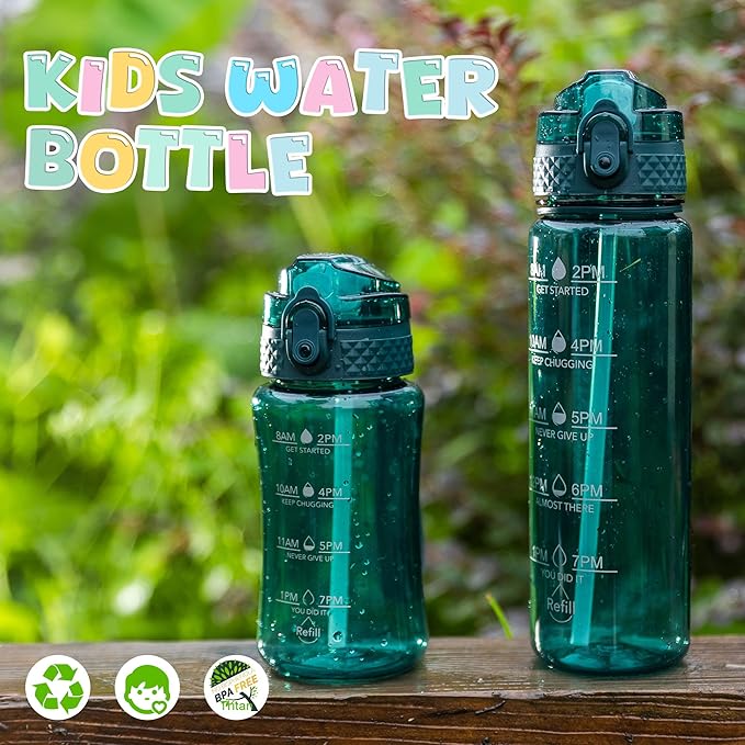 OLDLEY 17oz Kids Water Bottle for school Girls Boys, Motivational Water Bottles With Silicone Straw, Leak-Proof Tritan BPA-Free, Reusable water bottles for kids, Trout Green