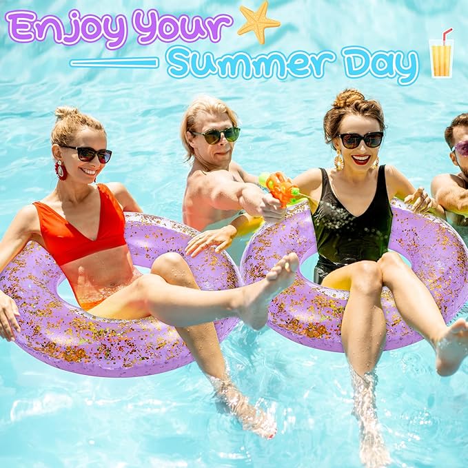 ShinyRelief 4 Pcs Inflatable Glitter Pool Float 30'' Macaron Swim Tube with Gold Confetti Swim Inner Tube for Adults Pool Floats Rings for Summer Beach Swimming Pool Bachelorette Party