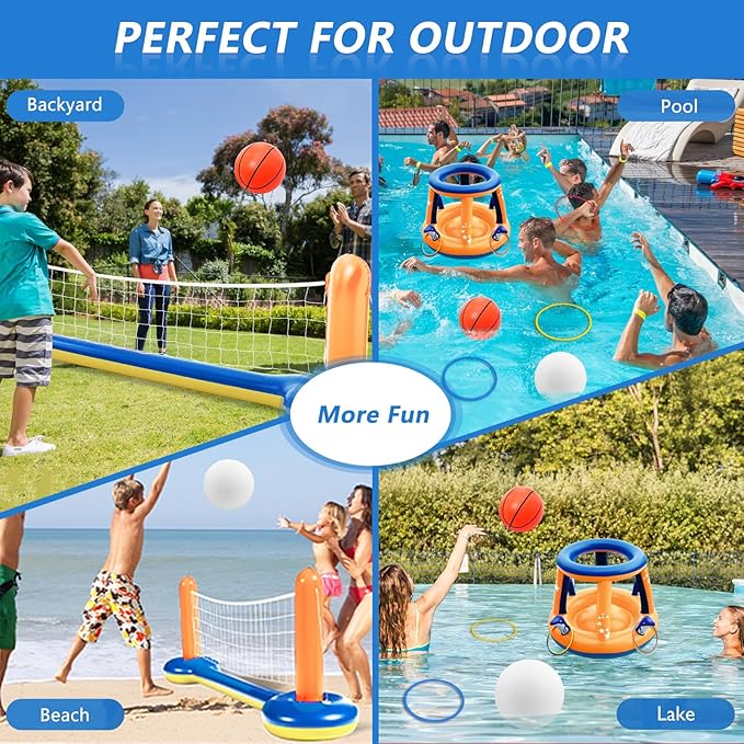 Jasonwell Pool Toys Games Set - 3 in 1 Pool Volleyball Net Basketball Hoop Ring Toss Game Inflatable Floats Water Floating Volleyball Swimming Pools Party Game Accessories Toy Gift Kids Teens Adults