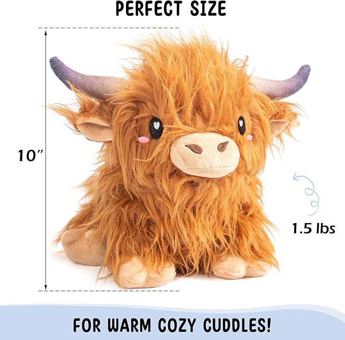 Happy Fuel Highland Cow Microwavable 1.5lbs Unscented Heating Pad for Women & Kids- Cute Soft Cozy Pillow Plush Heatable Warm Stuffed Animals- Kawaii Hot & Cold Plushie Toy- Cow Gifts for Girls & Boys