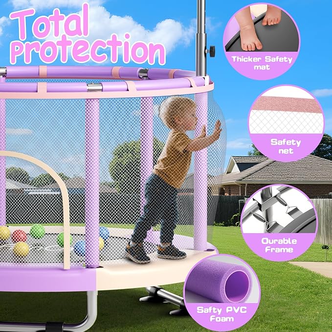 55" Toddler Mini Trampoline for Kids, Indoor Outdoor Toys with Swing, 440lbs Baby Kids Trampoline, Gymnastics Bar, Birthday Gifts for Boy Girl Age 1-8