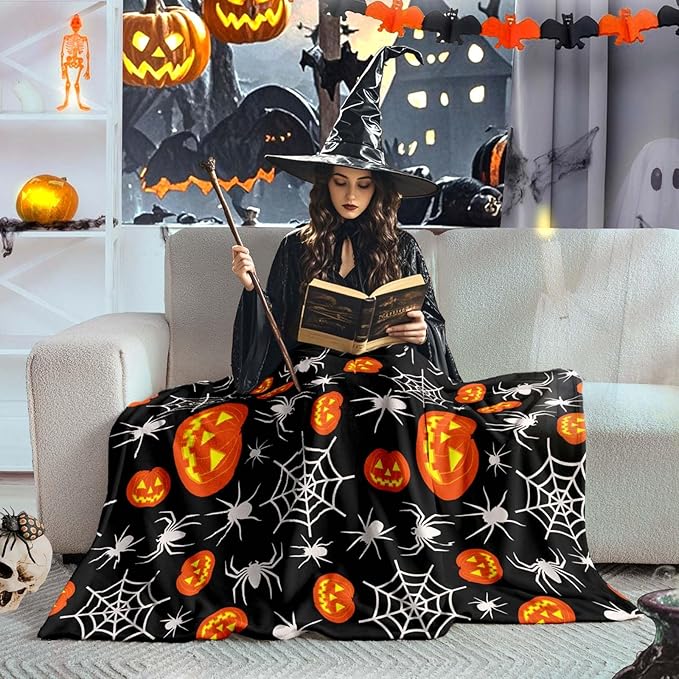 Wajade Spider Web Throw Blanket Halloween Black Blanket, Halloween Spider Web Pumpkin Velvet Fleece for Sofa Bed Couch Chair Dorm 50" x 60"