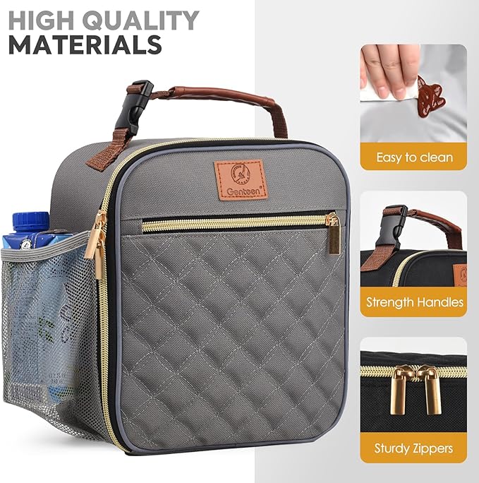 Genteen Lunch Box Reusable Lunch Bag for Men Women Kids Adults,Insulated Lunch Bag Waterproof Lunch Box Cooler,Small LunchBox With Side Pockets for Work Office School Travel Picnic -Gray