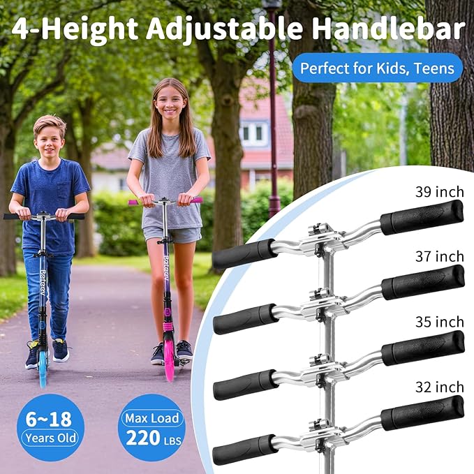 BELEEV V5 Plus Scooters for Kids Ages 6+, Teens with Light-Up Wheels & Deck, 2 Wheel Folding Lightweight Sport Scooter with 4 Adjustable Height, 8-inch Big Wheels, Carry Strap, Max Load 220 lbs