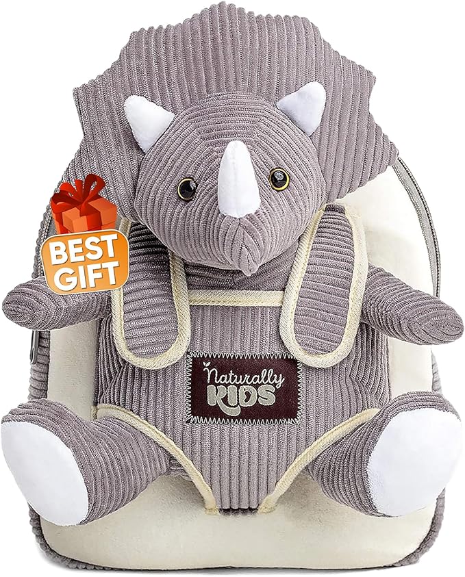 Naturally KIDS Small Dinosaur Backpack - Triceratops Dinosaur Toys for Kids 3-5 - Toddler Backpack for Boys & Girls - Grey Plush Stuffed Animal