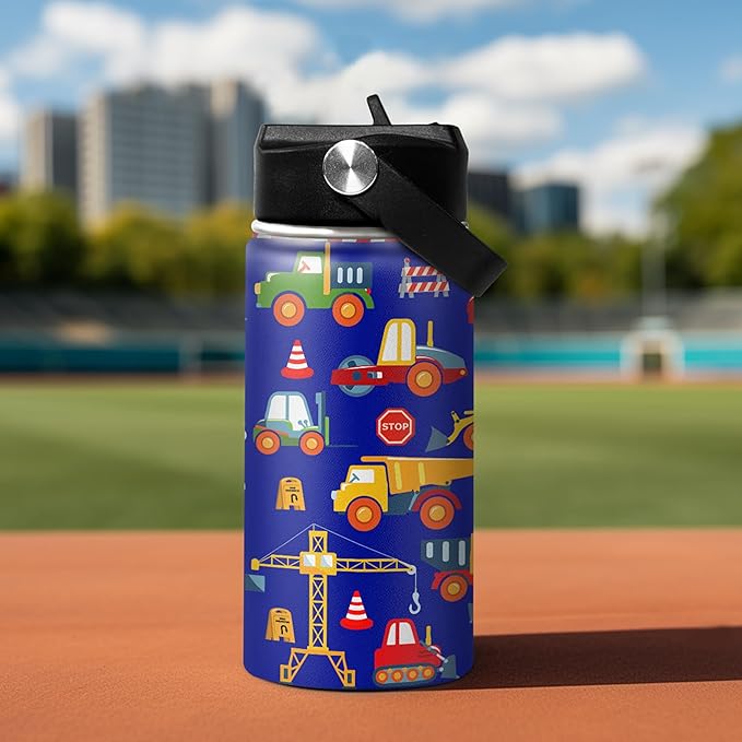 Kids Water Bottle with Straw Construction Insulated Water Bottles 12oz Stainless Steel Travel School Tumbler Double Wall Vacuum Cup for Boys Kid