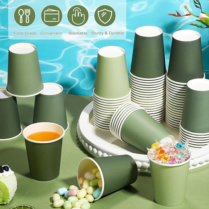 144 Pieces Sage Green Paper Cups 9 Oz Disposable Coffee Paper Cups Gradient Green Party Cup Beverage Drinking Cup for Wedding, Birthday, Holiday Party, DIY, and Picnic