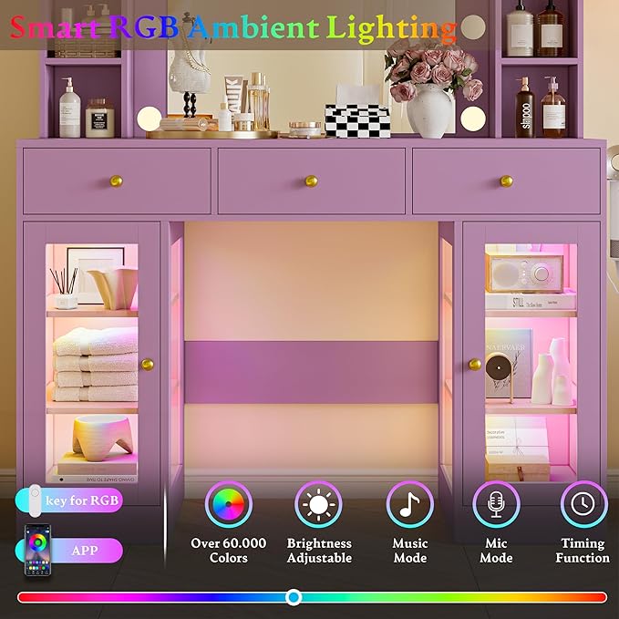 Makeup Vanity Desk with Mirror and Lights, Purple Vanity with Glass Top, LED Lights & Power Outlet, 3 Drawers & 2 RGB Glass Cabinets, Adjustable Lighted Dressing Table for Women & Girls Bedroom
