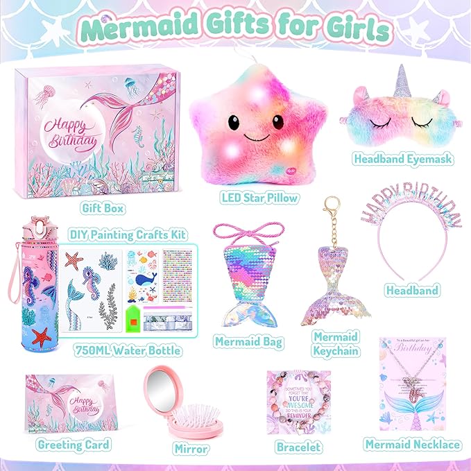 13PCS Mermaid Toys Gifts for Girls 4-6 7 8 9 10 Years Old, Girls Birthday Gifts Set with Light Up Star Pillow DIY Water Bottle Kits, for Daughter Niece Christmas Birthday Baskets for Kids