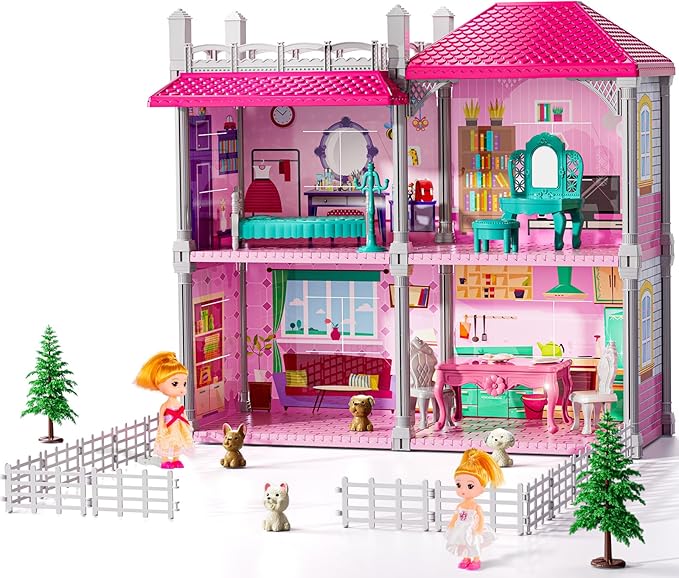 Pink Villa Playset for Girls Ages 3-7, 2-Story 4 Room House with 2 Dolls, Furniture and Accessories, Indoor Playset Girls Toys for Ages 6-8, Pretend Toddler Toy, Birthday Gifts for Kids 4-8