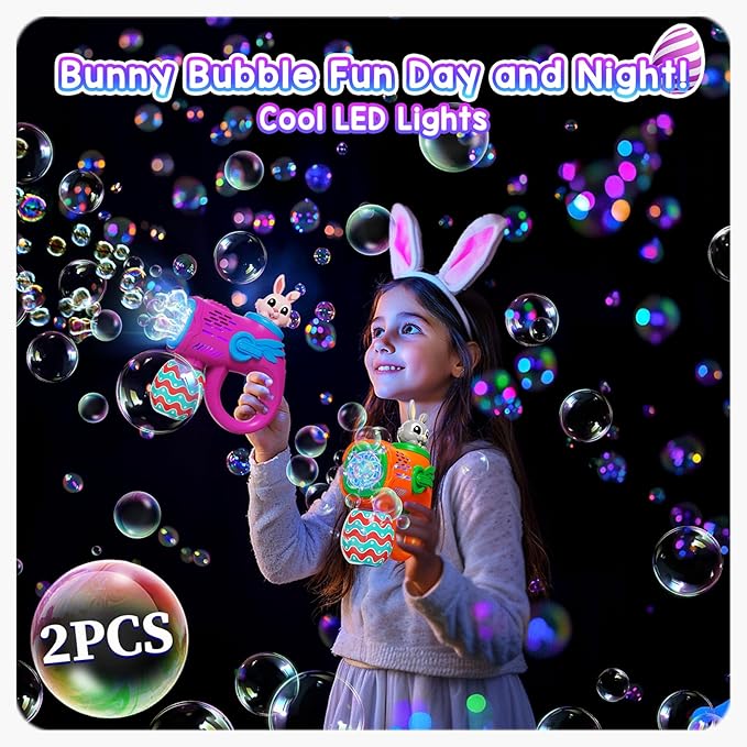 2 Rabbit Bubble Gun Toys - Light-Up Bunny Bubble Machine for Kids Toddlers with 10 Bubble Refill Packs, Fun Gifts for Kids Girls Boys Birthday Party Favors Summer Outdoor Play