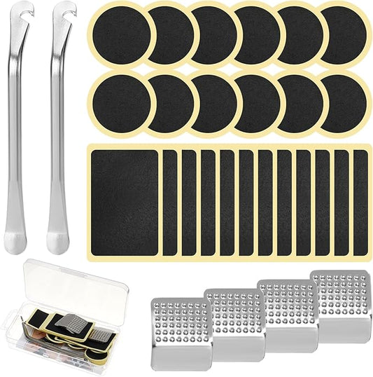 30 Pcs Bike Tire Patch Kit Bike Tire Repair Kit Bicycle Inner Tube Patch Kits with 24 PCS Patches 2 Premium Stainless Steel Levers 4 File Blades User Manual for Mountain and Road Bikes