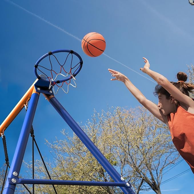 4-in-1 Swing Sets with Stand for Backyard, 440lbs Outdoor Saucer Swing Set for Kids, Heavy-Duty A-Frame Metal Playset for Playground, 32 inch Saucer, Belt Swing, Basketball Hoop, Led Light & Anchors