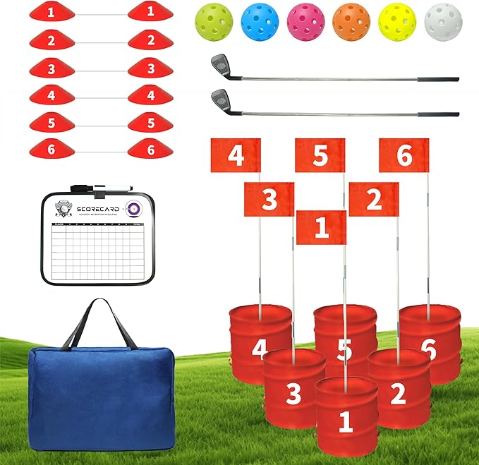 Golf Bucket Yard Game - 6 Hole Course With 2 Clubs, Balls and Flag for Adults and Family - Outdoor Lawn Chipping Games for Backyard, Beach, Park, Camping and Hotel