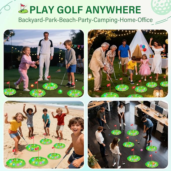 Light Up Golf Play Set - Upgraded Kids Toy Golf Putting Game Set with 6 LED Targets, 2 Clubs, 6 Balls (2 Glow), Night Golf Toys Gifts for Kids Golfers Family Indoor Outdoor Beach Lawn Park